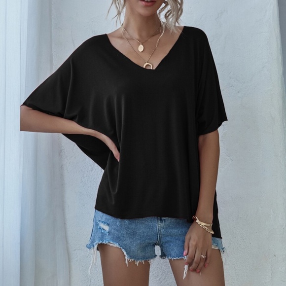 V neck Classic Dolman Sleeve Oversized Top Black - Picture 11 of 13